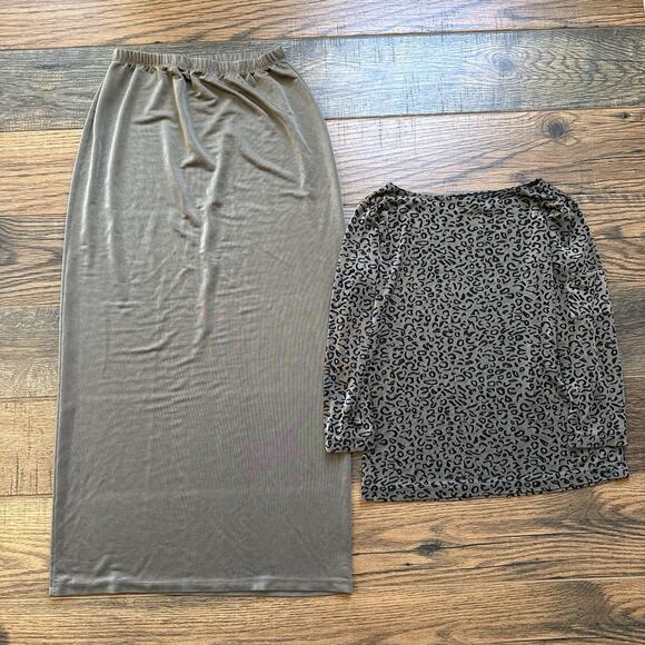 Vintage Chico’s Private Edition Leopard Print Top & Taupe Maxi Skirt Set Size 1 - Picture 1 of 11